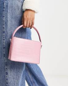 ASOS DESIGN boxy bag with top handle with detachable strap in pink croc