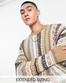 ASOS DESIGN oversized knitted jumper with pattern in brown