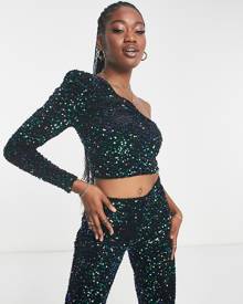 JDY one shoulder sequin crop top in green & black (part of a set)