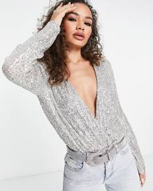 ASOS DESIGN sequin wrap bodysuit in silver