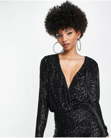 ASOS Tall ASOS DESIGN Tall sequin wrap bodysuit in black