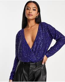 ASOS Petite ASOS DESIGN Petite sequin wrap bodysuit in blue