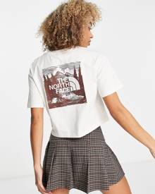 The North Face Redbox Celebration back print cropped t-shirt in cream Exclusive at ASOS-White