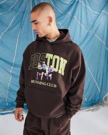 ASOS DESIGN oversized hoodie in dark brown with running club front print