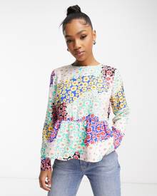 Pieces peplum blouse in patchwork floral-Multi