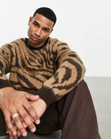 ASOS DESIGN knitted oversized jumper in neutral animal print-Brown