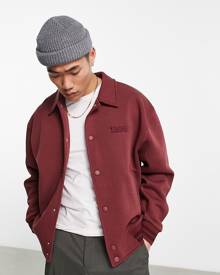 ASOS DESIGN oversized varsity jersey jacket in maroon with back boucle embroidery-Red