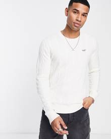 Hollister icon logo lightweight cable knit jumper in light grey