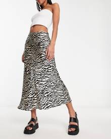 Wednesday's Girl midi satin slip skirt in cream and black zebra-Multi
