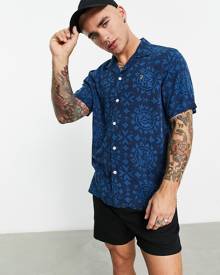 Farah Dana revere collar short sleeve shirt in navy with all over print