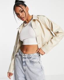 Threadbare Ann PU cropped trucker jacket in stone-Neutral