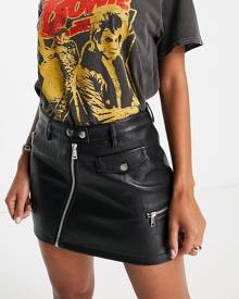 Topshop leather look low rise zip biker micro mini skirt in black