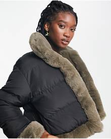 COLLUSION reversible faux fur and puffer jacket in grey and black