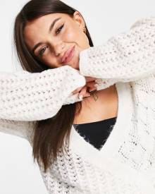 ASOS DESIGN ballet wrap jumper in mixed pointelle stitch in cream-White