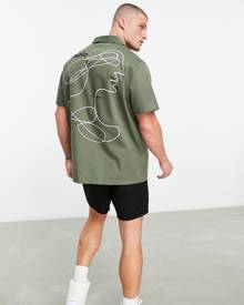 ASOS DESIGN relaxed revere canvas shirt with Picasso back print-Green