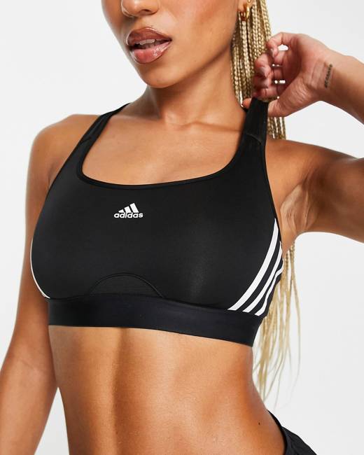 adidas Training 3 Stripe low-support sports bra in black