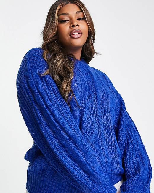 Brave Soul tally cropped cable knit sweater in navy