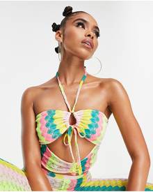 ASYOU ruched halterneck cut out stripe crochet cami top in multi (part of a set)