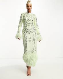 ASOS DESIGN modest long sleeve embellished sequin maxi dress with faux feather trim in mint-Green