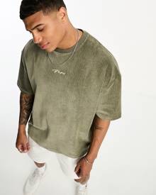 ASOS DESIGN oversized t-shirt in khaki ribbed velour with embroidery-Green