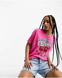 Only Petite exclusive cherry motif t-shirt in bright pink