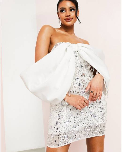 ASOS LUXE all over faux feather mini dress with embellishment and oversized  bow in white