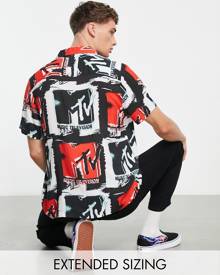 ASOS DESIGN relaxed revere shirt in MTV print-Black