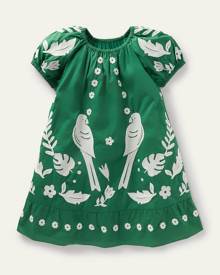 Mini Boden Puff Sleeve Embroidered Dress Green Pepper Birds Girls Boden, Green Pepper Birds
