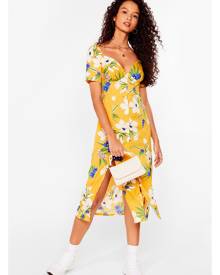 NastyGal Womens Floral Puff Sleeve Summer Midi Dress - Yellow
