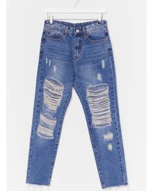 NastyGal Womens Distressed High Rise Mom Jeans - Blue