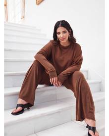 NastyGal Womens Plus Size Ribbed Crop Top and Pants Set - Chocolate NastyGal Womens Plus Size Ribbed Crop Top and Pants Set - Chocolate