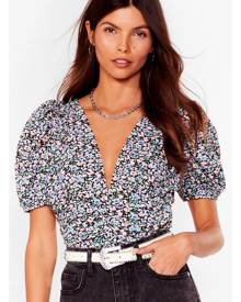 NastyGal Womens Floral V Neck Puff Sleeve Blouse - Lilac