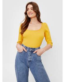 NastyGal Womens Ribbed Puff Sleeve Square Neck Top - Lemon