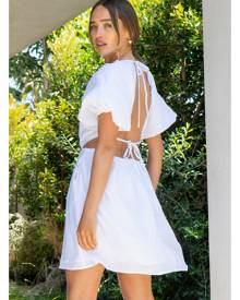 NastyGal Womens Linen Puff Sleeve Backless Dress - White