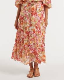 Forever New Women's Maia Tiered Belted Midi Skirt in Pink Cayman Floral