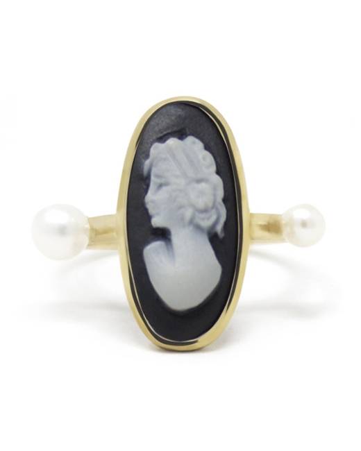 Gold Vermeil Black Cameo Ring Initial U, Vintouch Italy