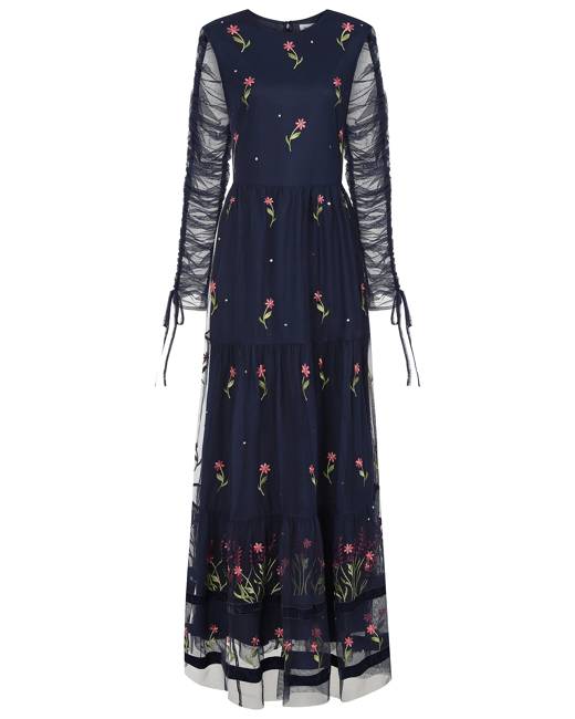 Celandine Floral Embroidered Maxi Dress  Navy Blue  Frock and Frill   Wolf  Badger