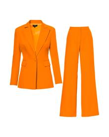 BLUZAT - Neon Orange Suit With Slim Fit Blazer And Flared Trousers