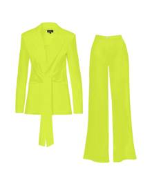 BLUZAT - Neon Green Suit With Blazer With Scarves And Wide Leg Pants