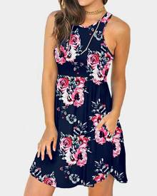 Floral Pocket Sleeveless Mini Dress without Necklace