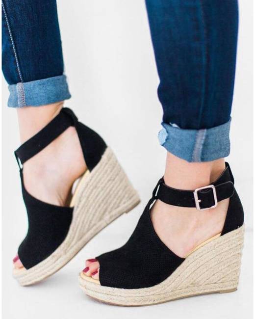 YKARITIANNA Fashion Women Buckle Strap Wedges Sandals Ruffles Peep Toe Shoes Heeled Sandals