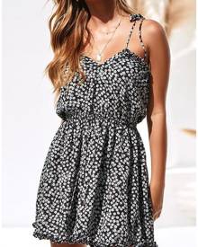 Floral Tie Backless Mini Dress without Necklace - Black