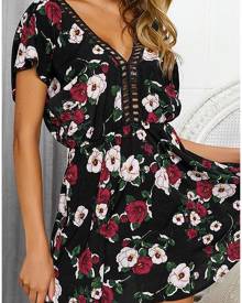 Floral Hollow Out Backless Mini Dress -Black