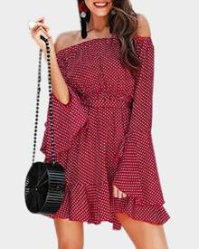 Polka Dot Off Shoulder Mini Dress - Red