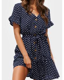 Polka Dot Button Mini Dress without Necklace - Navy Blue
