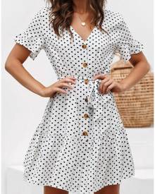 Polka Dot Button Mini Dress without Necklace - White