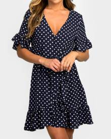 Polka Dot Deep V-Neck Tie Mini Dress - Navy Blue