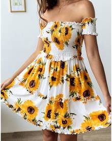 Floral Ruffled Off Shoulder Mini Dress without Necklace- Yellow