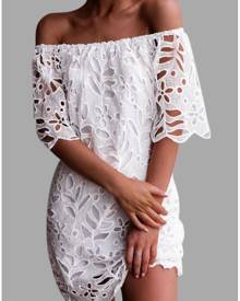 Solid Lace Floral Off Shoulder Mini Dress - White