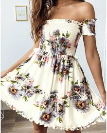 Floral Off Shoulder Mini Dress - Beige